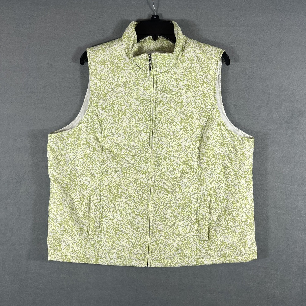 CJ Banks Women's 1X Plus‎ Size Quilted Vest Floral Paisley Full Zip Green White